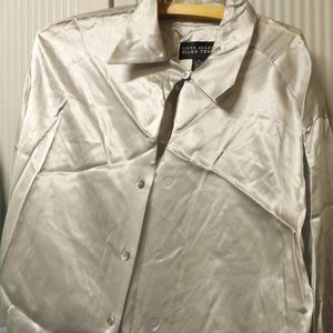 LADIES, SILVER,  SIZE 14, 100% SILK BUTTON DOWN BLOUSE